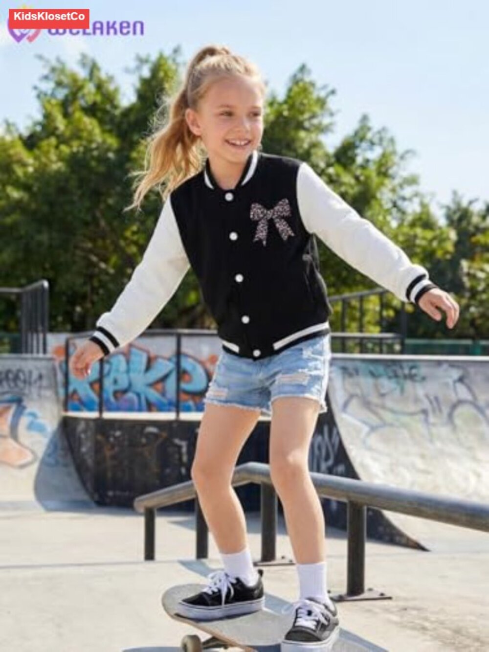 Girls Varsity Bomber Jacket Snap Closure with Pockets - Picture 3 of 6